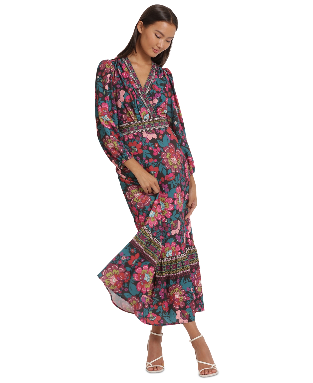 Shop Donna Morgan Women's Printed Surplice-neck Maxi Dress In Black,raspberry