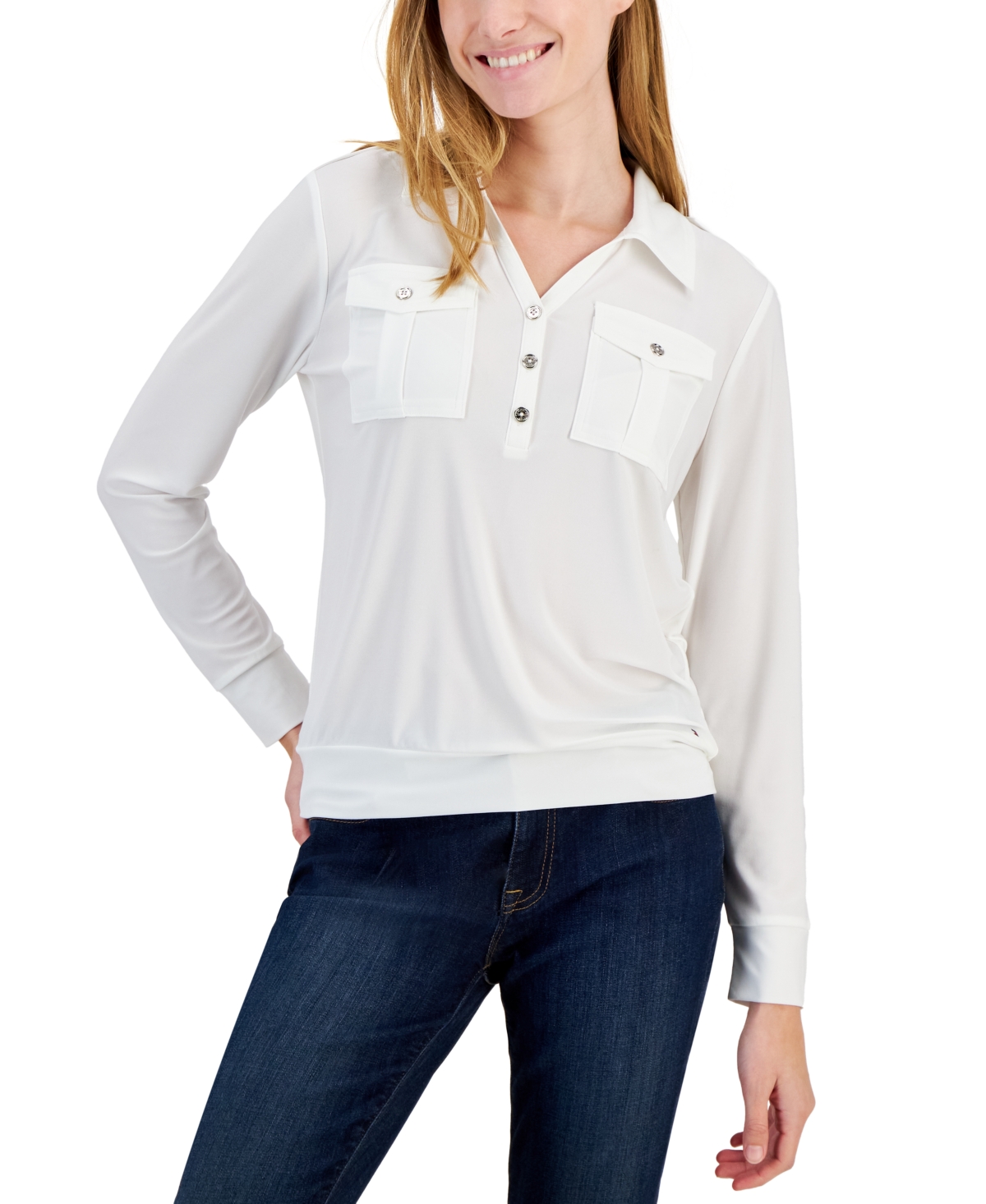 Tommy Hilfiger Women's Solid-color Split-neck Utility Top In Bright White