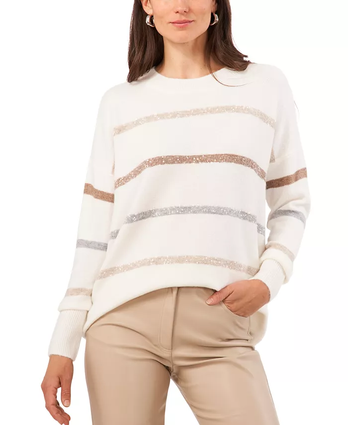 Women's Cozy Crewneck Sequin-Stripe Long-Sleeve Sweater - thumbnail 4