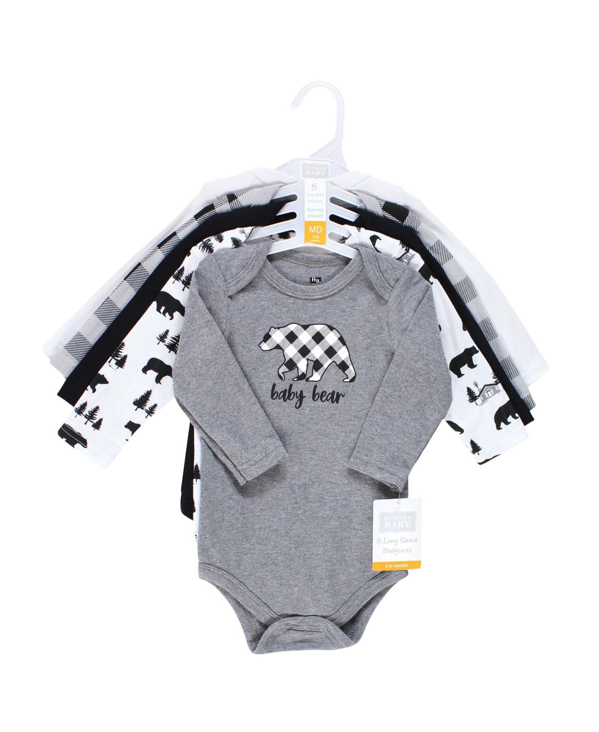 Hudson Baby Baby Boys Cotton Long-Sleeve Bodysuits,5-Pack - Baby bear gray black