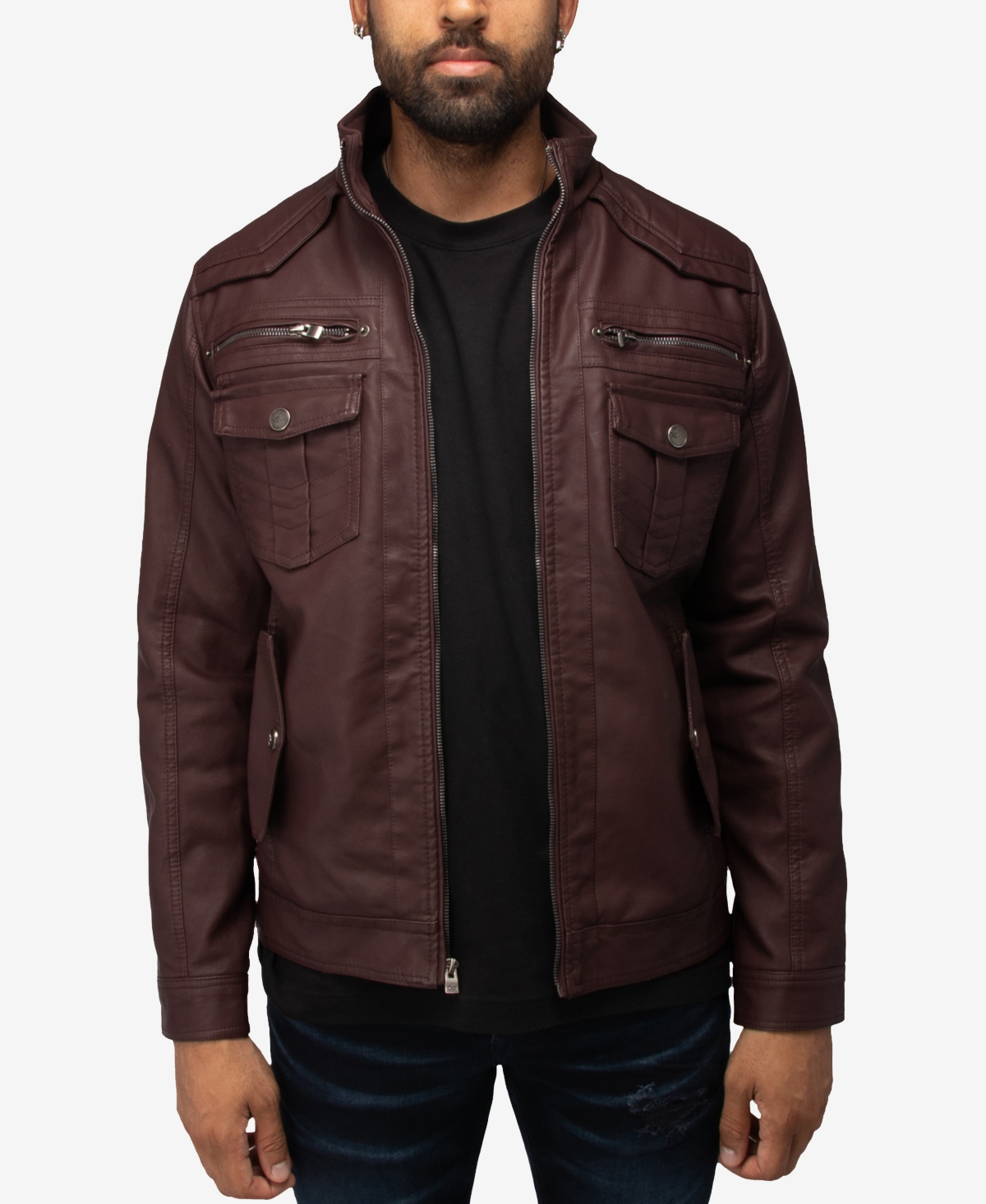 X-ray Men's Faux Shearling Lining Utility Jacket In Burgundy