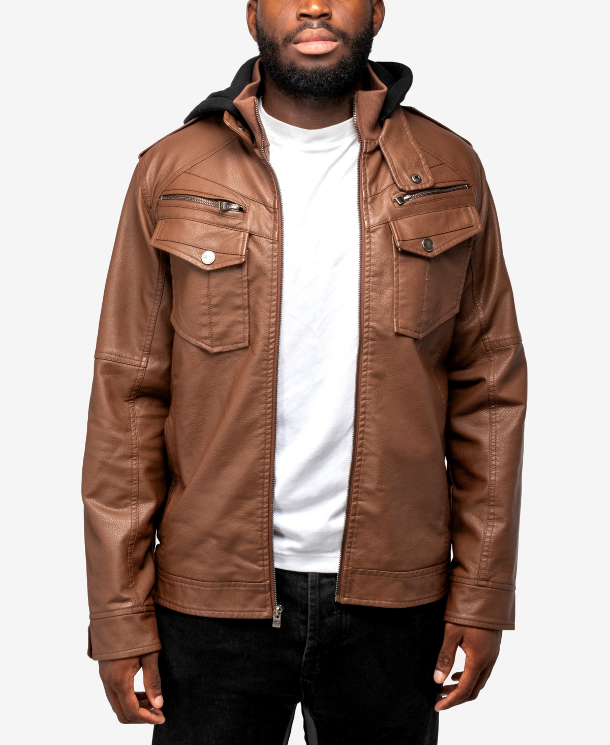 Shop X-ray Men's Grainy Polyurethane Hooded Jacket With Faux Shearling Lining In Dark Amber