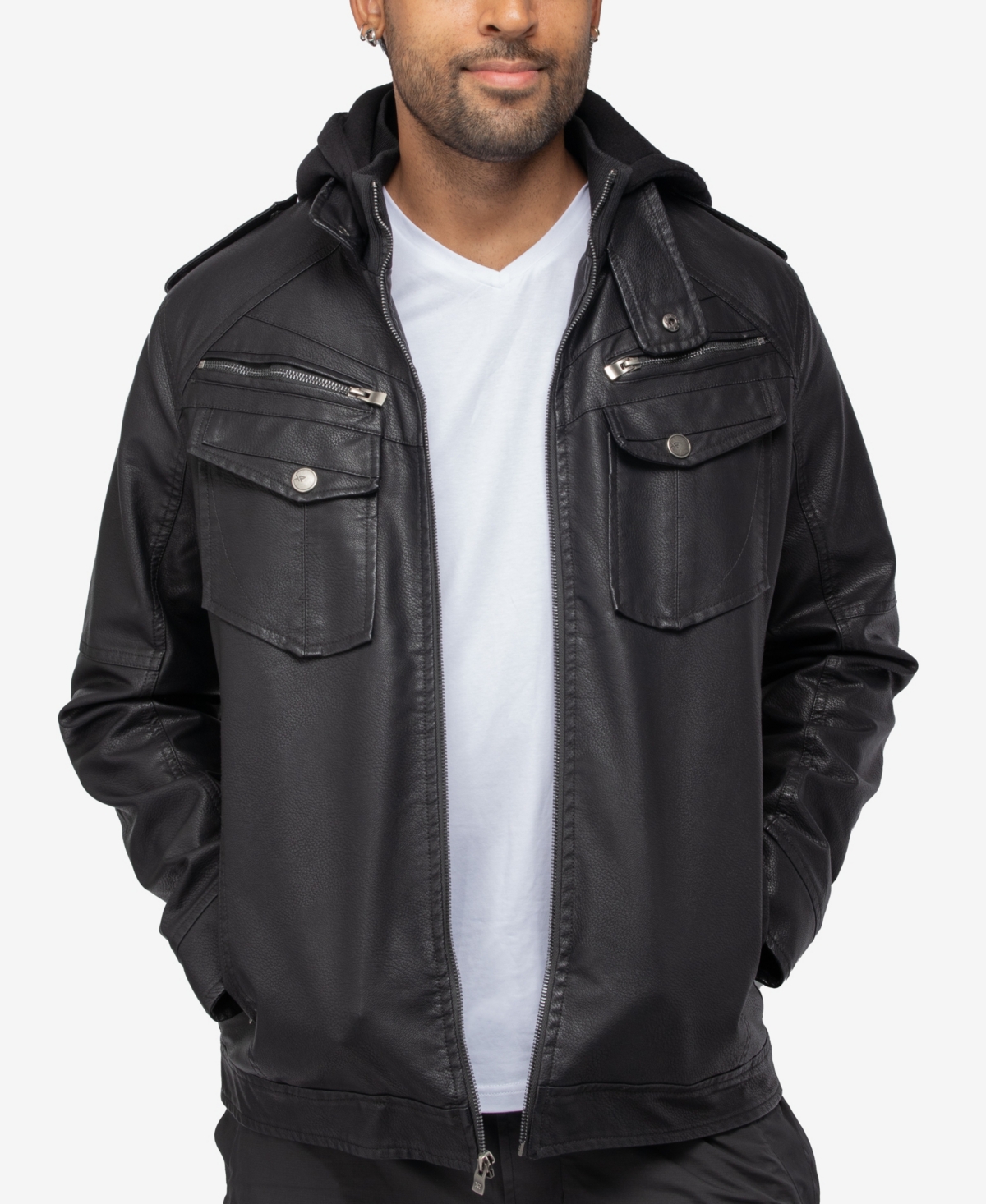 Shop X-ray Men's Grainy Polyurethane Hooded Jacket With Faux Shearling Lining In Black