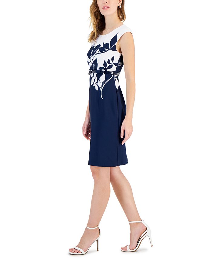 Connected Petite Printed Cap-Sleeve Belted Sheath Dress - Macy's