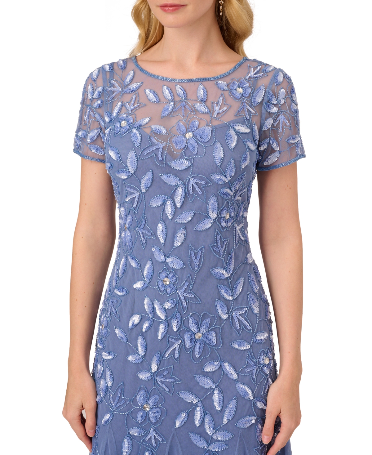 Shop Adrianna Papell Size Floral-beaded Gown In French Blue