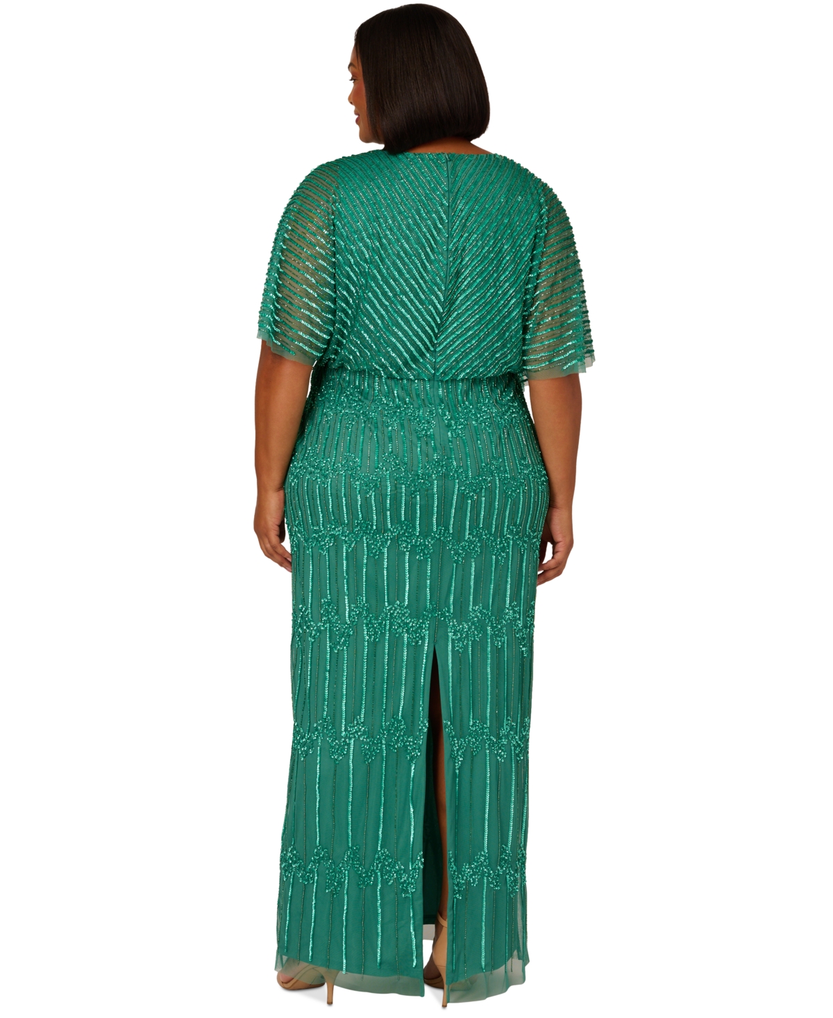 Shop Adrianna Papell Plus Size Hand-beaded Flutter-sleeve Gown In Jungle Green