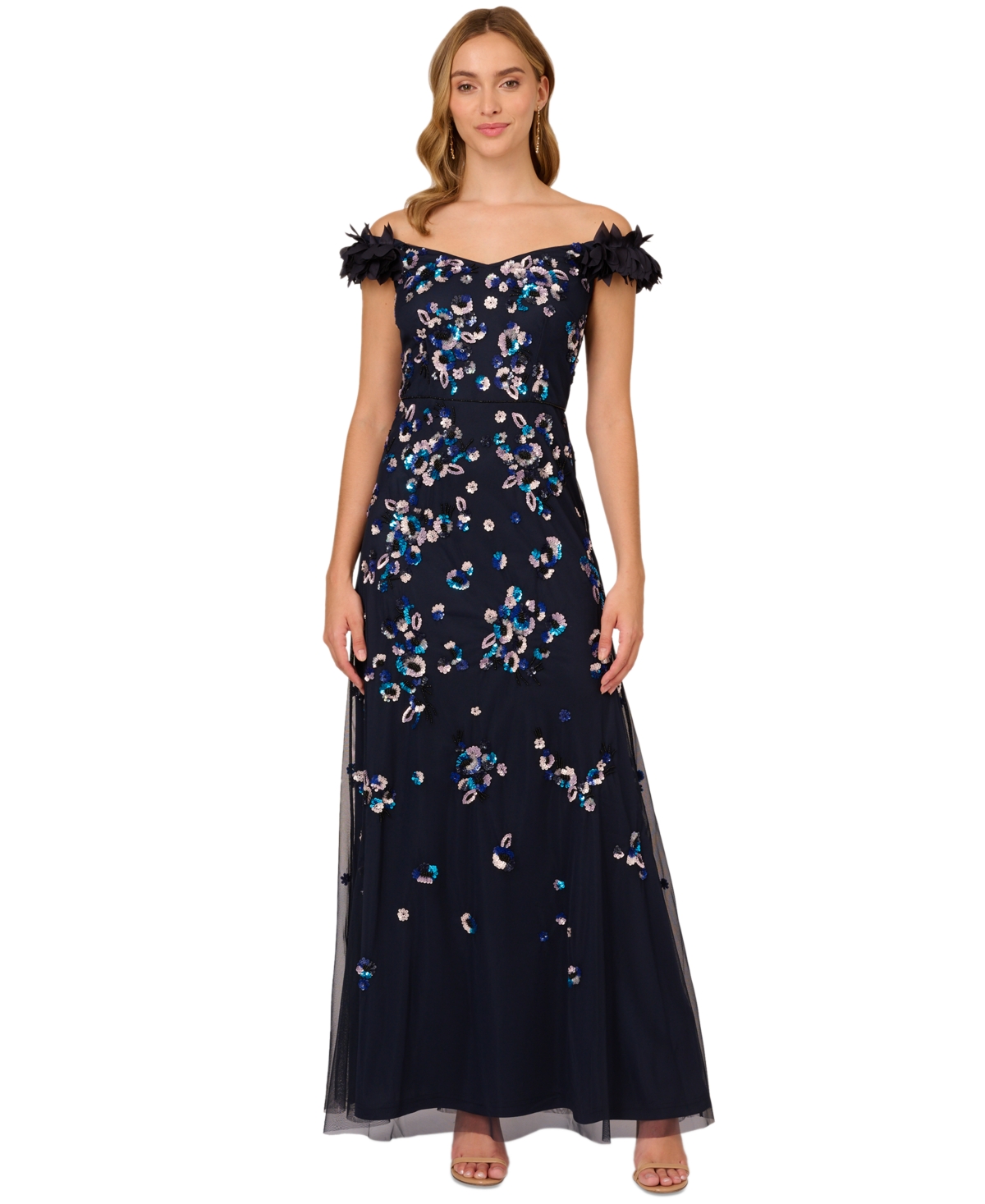 Adrianna Papell Women's Beaded Off-the-shoulder Ball Gown In Midnight Multi