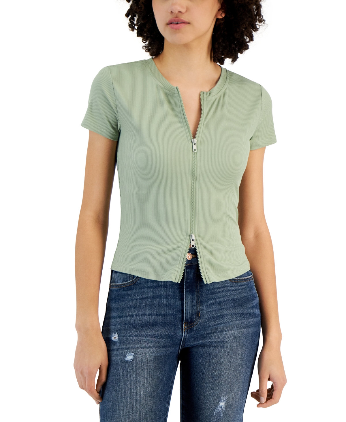 Planet Heart Juniors' Double Zip-front Ribbed Tee In Seagrass