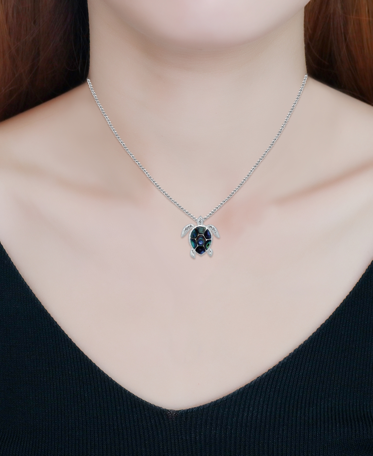 Macy's Abalone Inlay Turtle Necklace In Silver