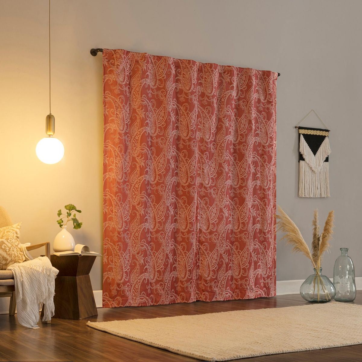 Pedra Paisley Embroidery 100% Blackout Back Tab Curtain Panel