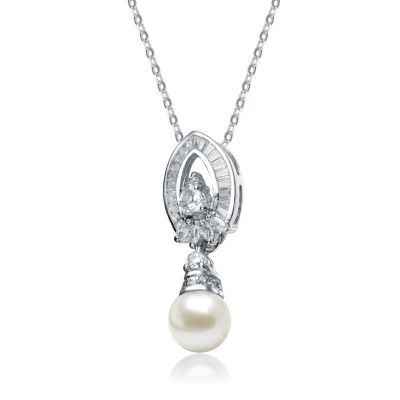 White Gold Plated Sterling Silver with Faux Pearl Pear Drop Pendant