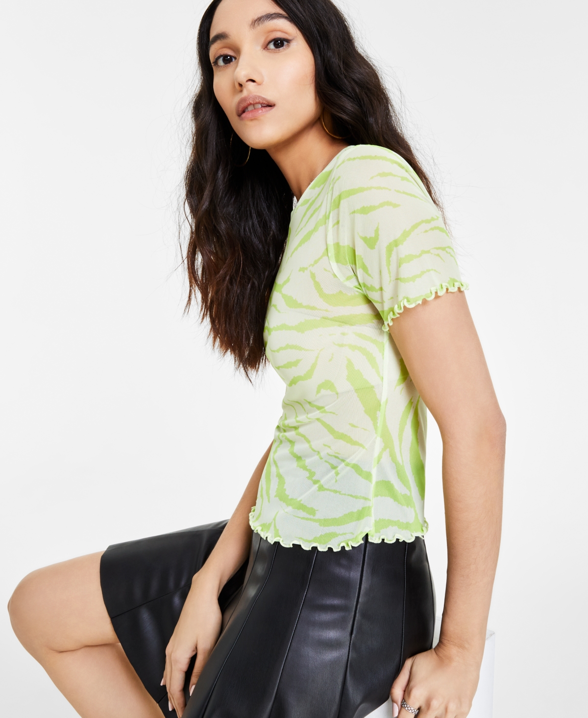 Shop Bar Iii Women's Printed Mesh Lettuce-edged T-shirt, Created For Macy's In Chelsea Zebra C