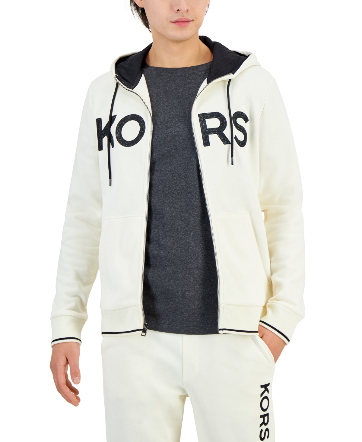 Michael Kors Men's Zip-front Fleece Logo Hoodie In Bone