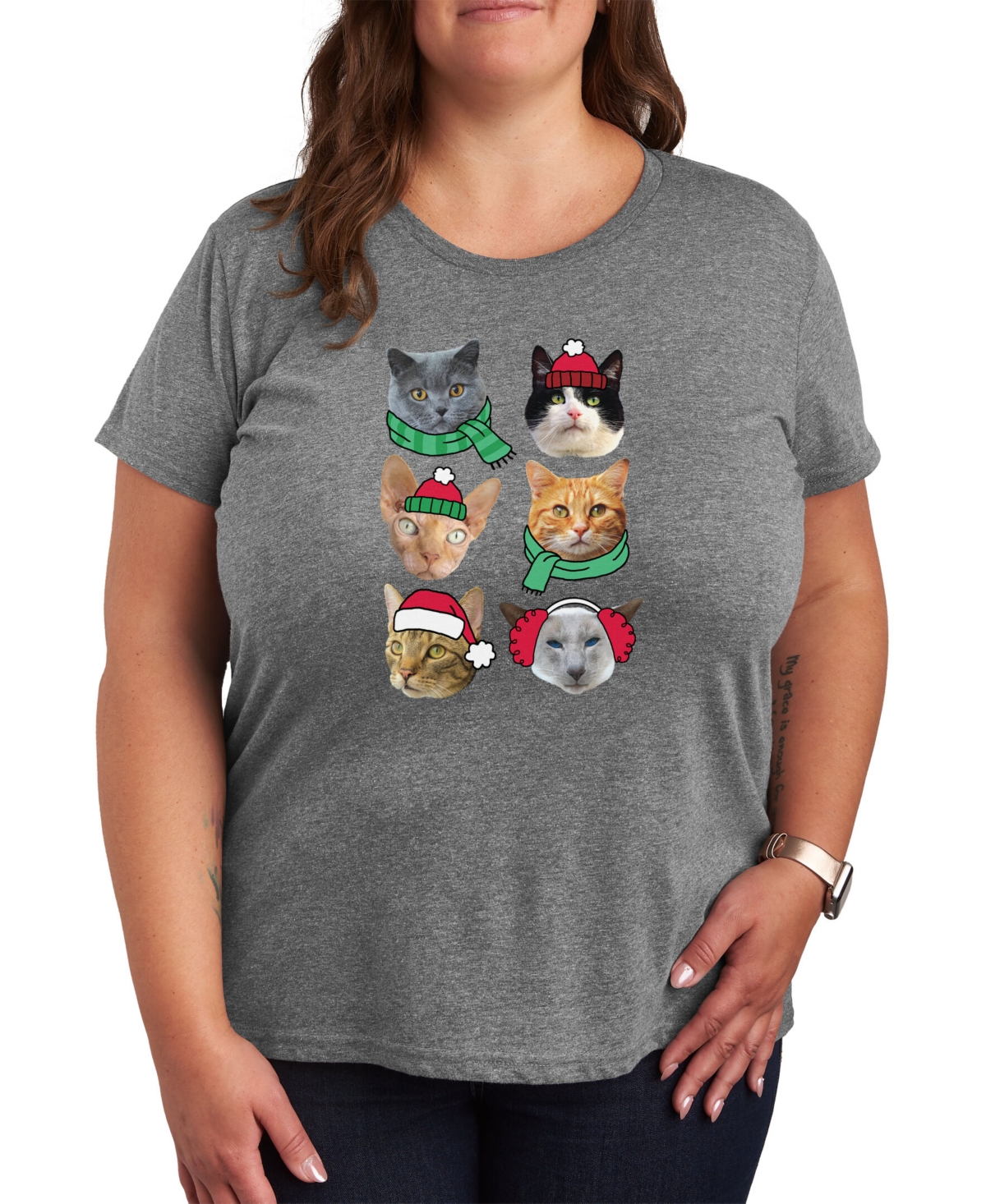 Air Waves Trendy Plus Size Christmas Cats Graphic T-shirt In Gray