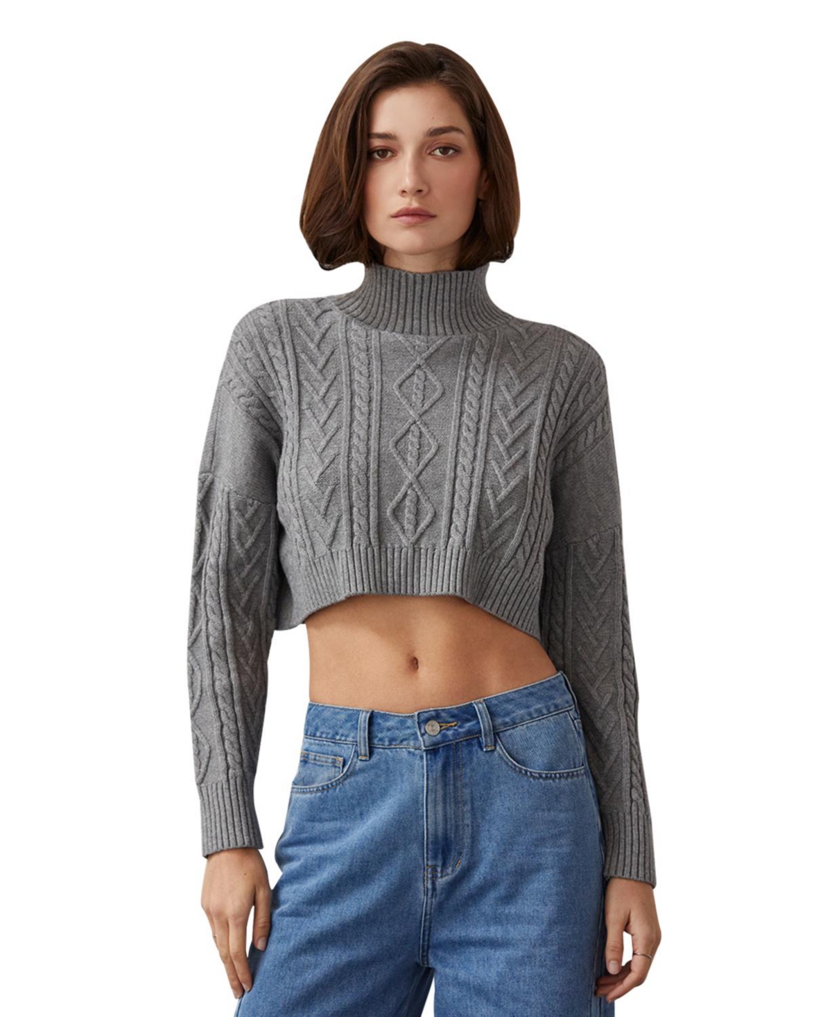 Women's Ralphie Cable Knit Turtleneck Crop Sweater - Light/pastel grey + heather grey