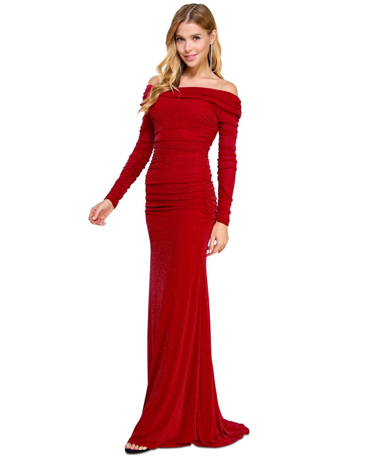 B Darlin Juniors' Metallic Shirred Off-the-shoulder Gown In Red,silver