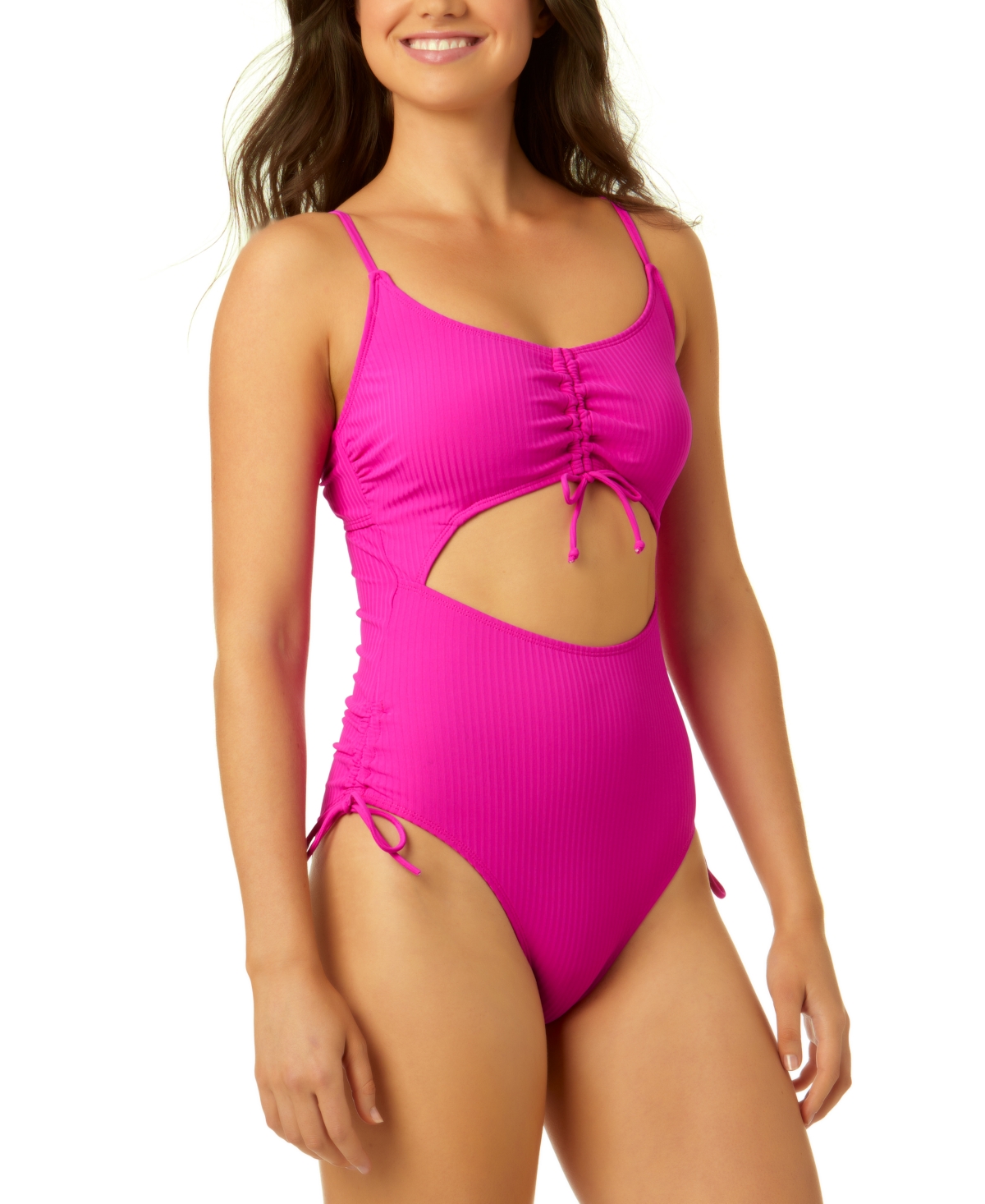 Shop Salt + Cove Juniors' Adjustable-cinch Ribbed One-piece Swimsuit, Created For Macy's In Pink