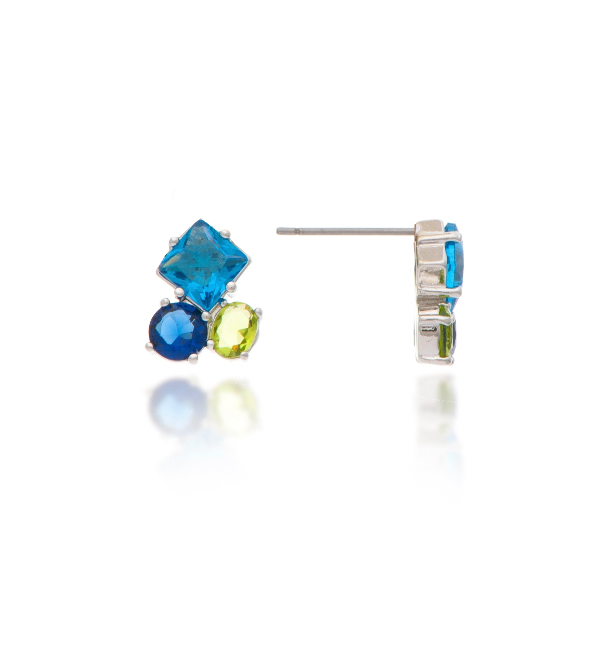 Rhodium Three Stone Cluster London Blue + Peridot + Sapphire Crystal Earrings - Open Miscellaneous