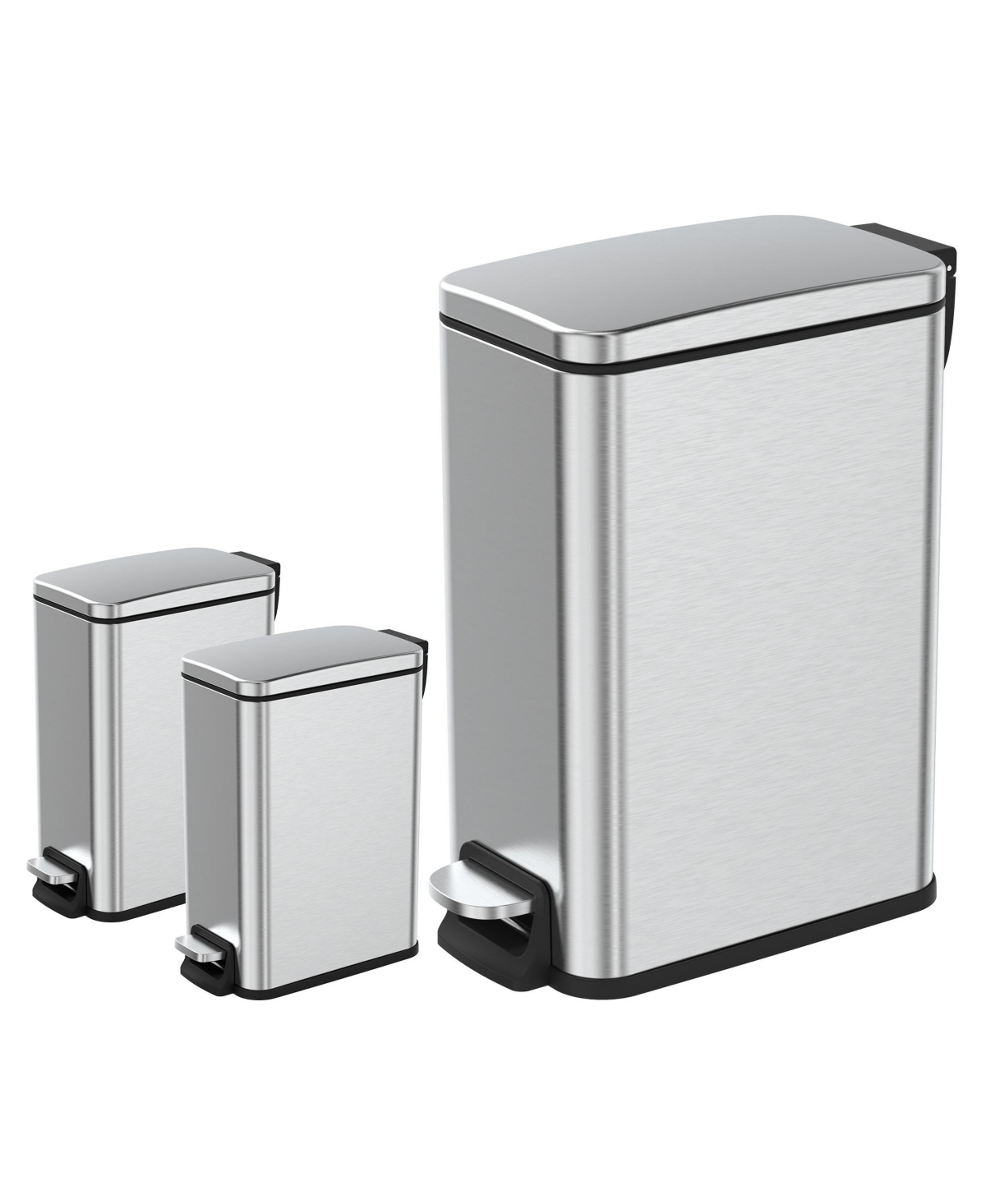 11.9 Gallon/ 45 Liter + Two 1.6 Gallon/6 Liter Rectangular Step-on Trash Can Set For Bathroom and Kitchen - Silver