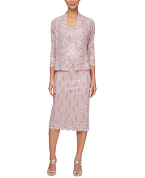 Женские платья SL Fashions 2-Pc. Lace Jacket & Midi Dress Set, цвет: Пудровый