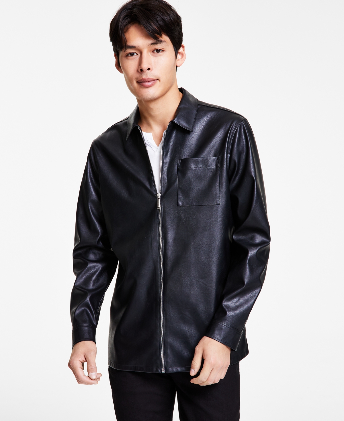 Inc International Concepts Men's Matt Faux-leather Full-zip Shirt Jacket, Created For Macy's In Deep Black