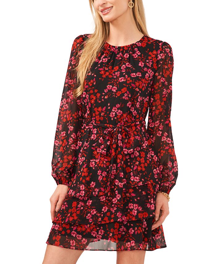 MSK Women's Floral Chiffon Long-Sleeve Belted Tiered Dress - Macy's