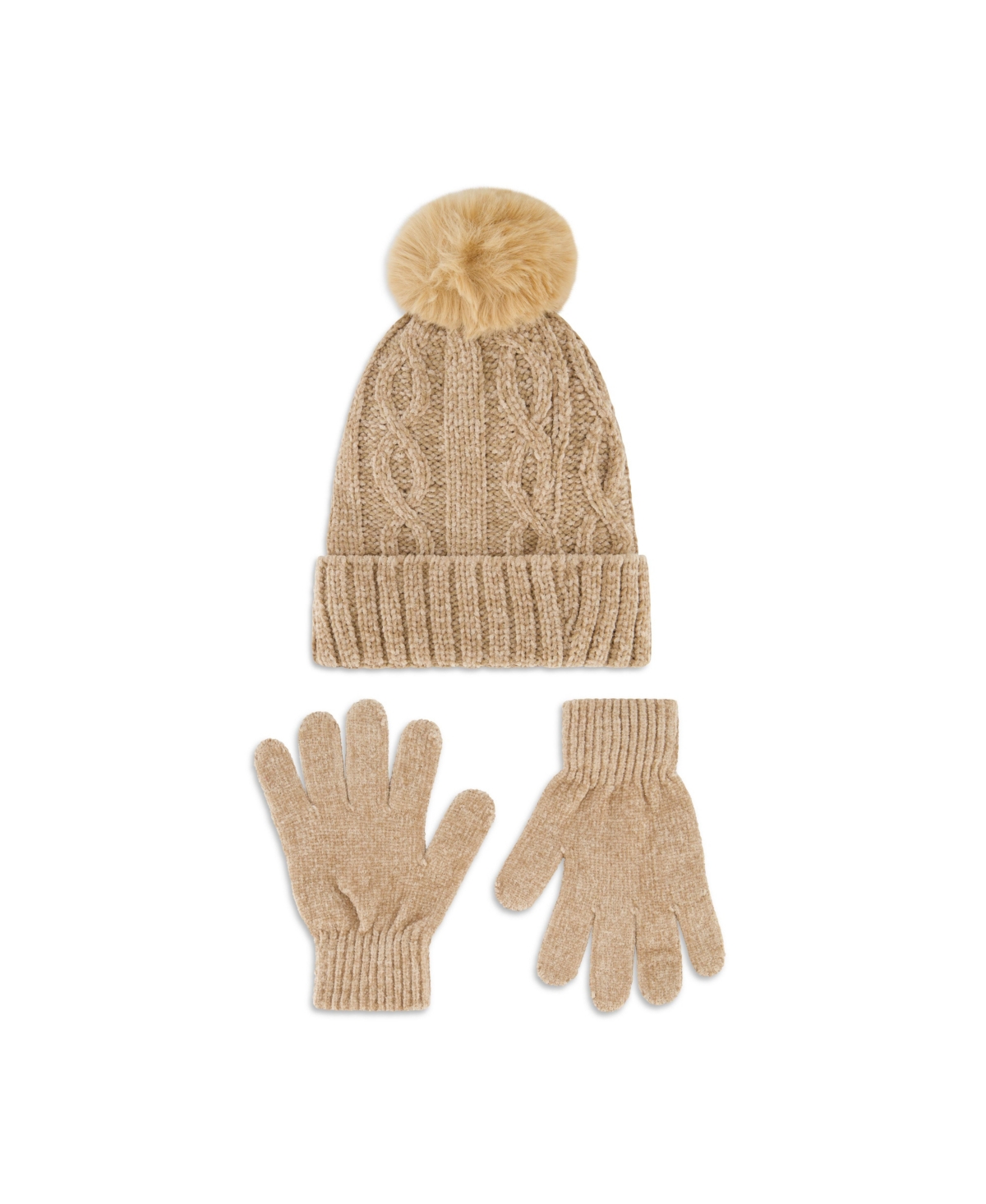 Women's Chenille Cable Beanie with Faux Pom and Glove Set - Taupe