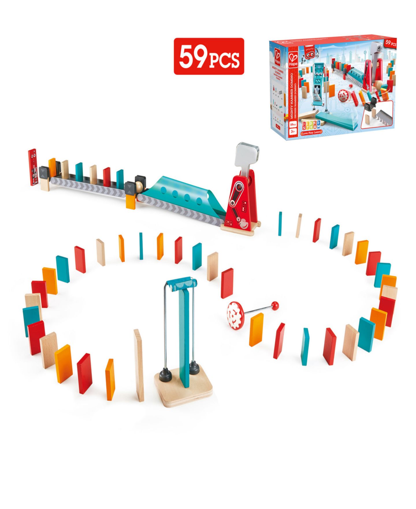 Детские конструкторы Hape Robot-Themed Mighty Hammer 59-Piece Domino Ball Set, Ages 4+ — фото 2