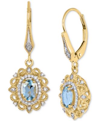 Aquamarine (3/4 ct. t.w.) & Diamond (1/8 ct. t.w.) Halo Drop Earrings in 14k Gold-Plated Sterling Silver