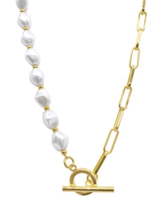 14k Gold-Plated Imitation Pearl & Paperclip Chain 17" Toggle Necklace