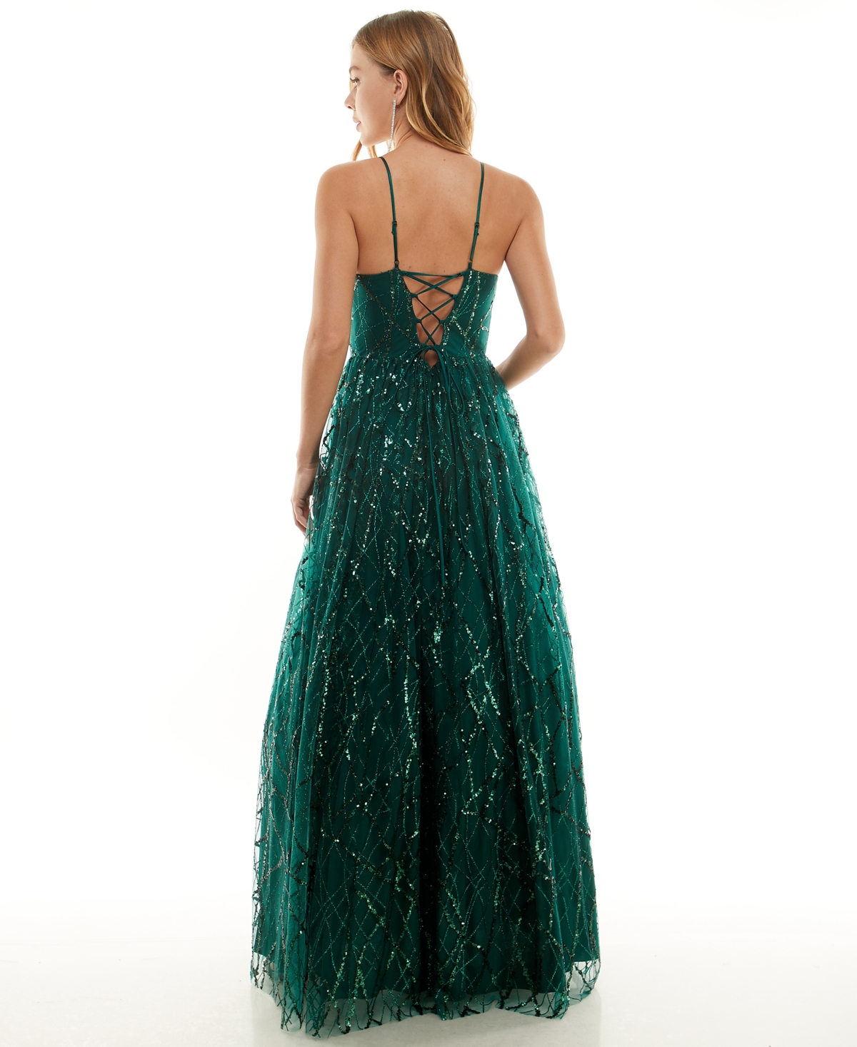Shop Say Yes Juniors' Glitter-tulle Lace-up V-neck Gown, Created For Macy's In Hunter Green