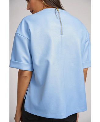 Brooke Oversized Faux Leather Crew Neck Top with Back Zipper Detail