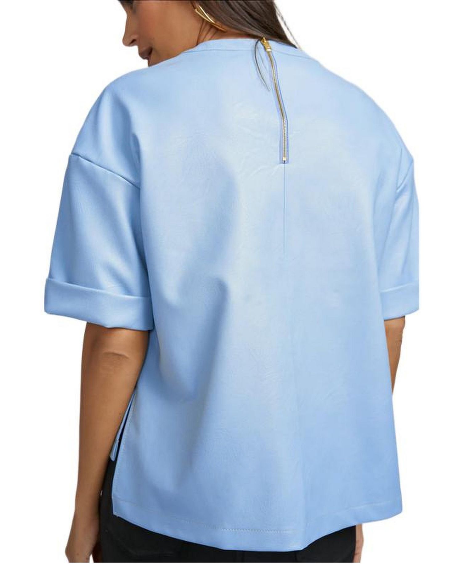 Women's Brooke Oversized Faux Leather Crew Neck Top with Back Zipper Detail