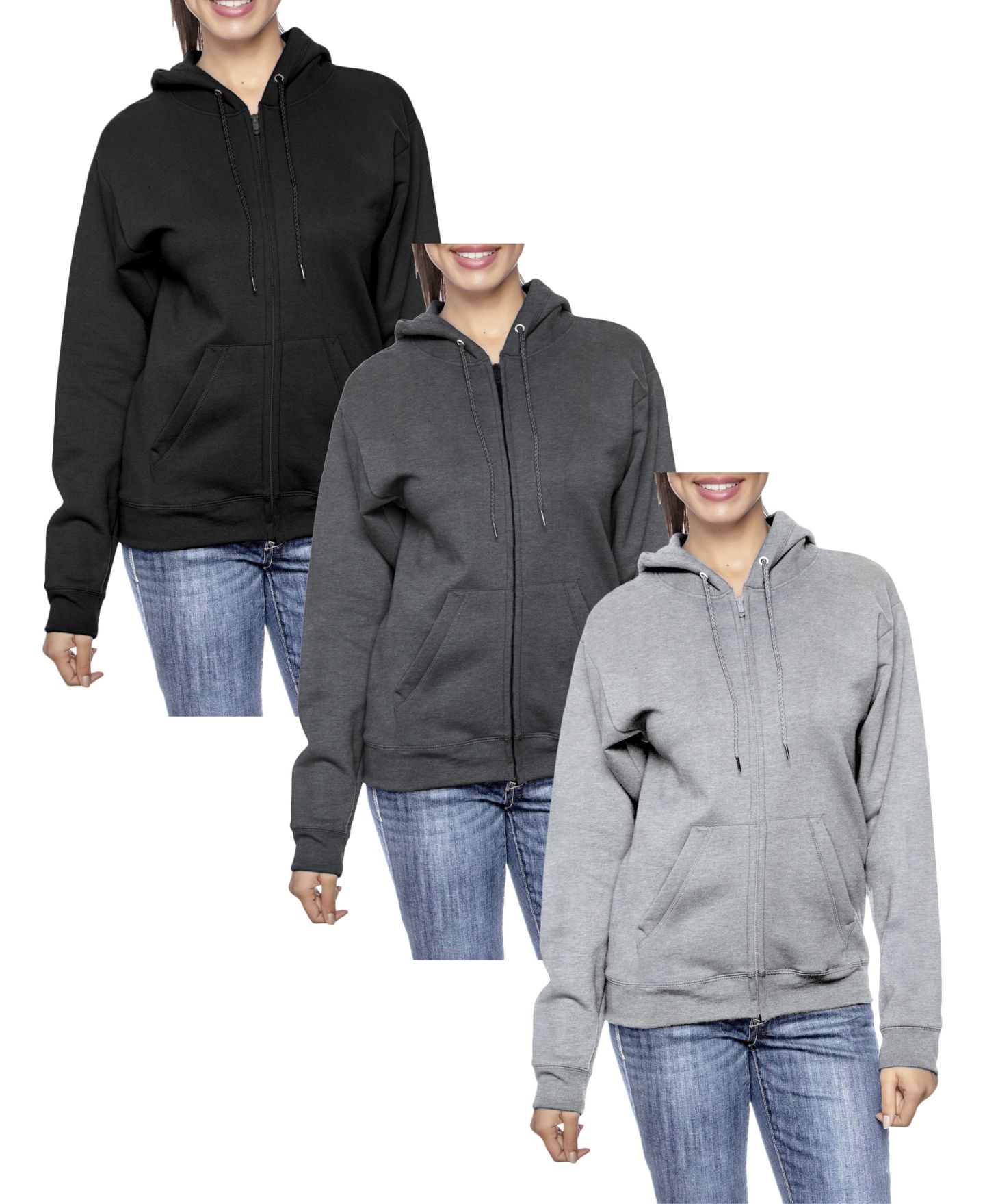Женские худи Galaxy By Harvic Fleece-Lined Loose-Fit Full-Zip Sweater Set, 3 Pack, цвет: Чёрный / Графитовый — фото 1