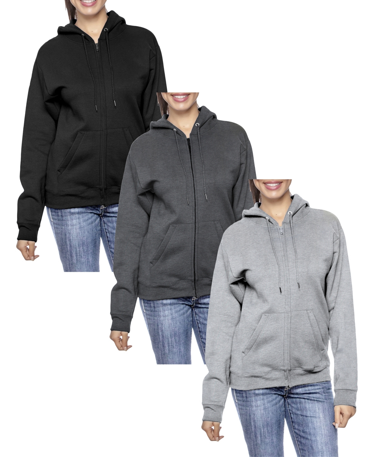Galaxy By Harvic Women's Fleece-Lined Loose-Fit Full-Zip Sweater Hoodie Set, 3 Pack - Charcoal, Heather Gray