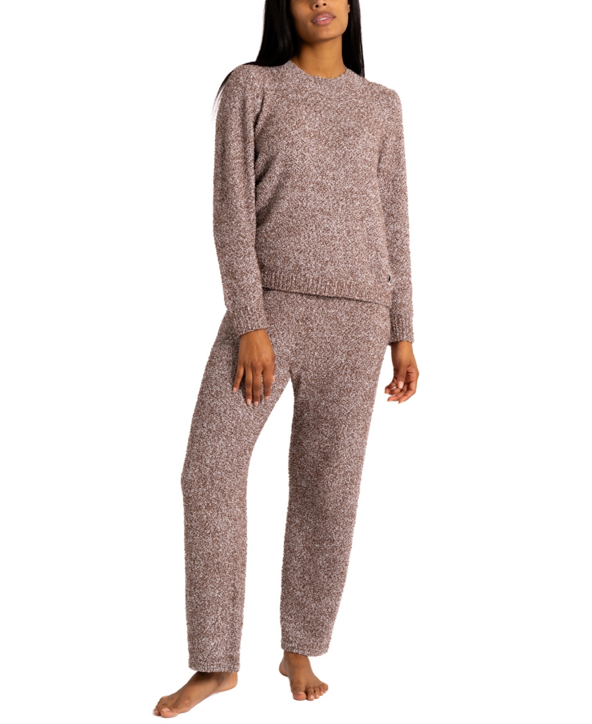 Women's Lounge and Sleepwear Set with Cozy Teddy Long Sleeve Top and Wide Leg Pants - Marled deep taupe
