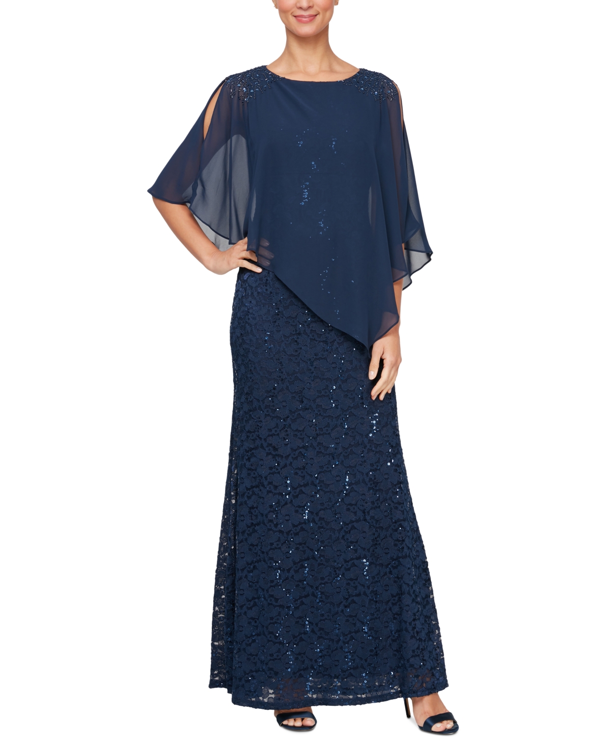 Shop Sl Fashions Women's Sequin Lace Chiffon Caplet Gown In Navy