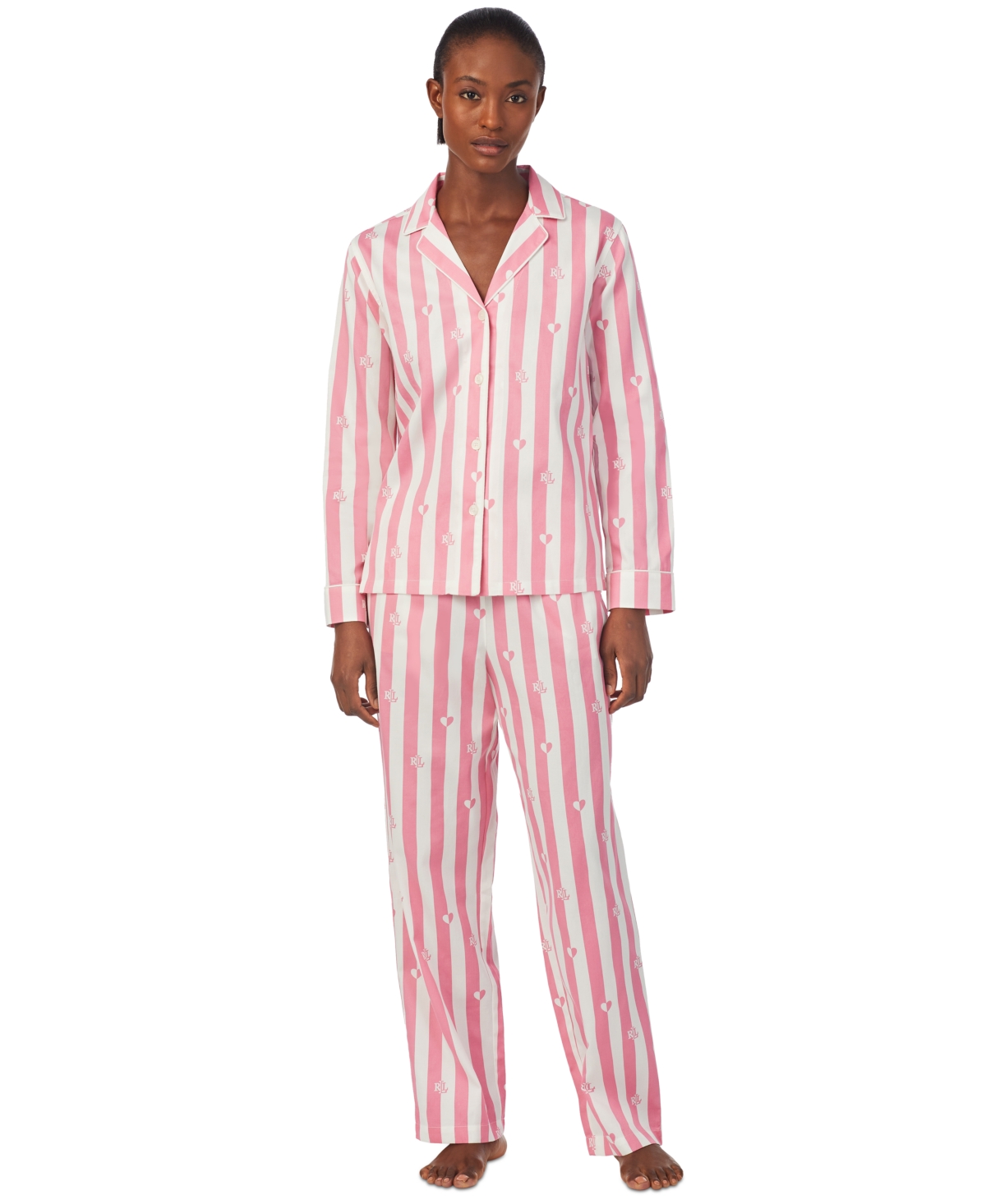 Lauren Ralph Lauren Women's Long-sleeve Notched-collar Pajamas Set In Pink Print