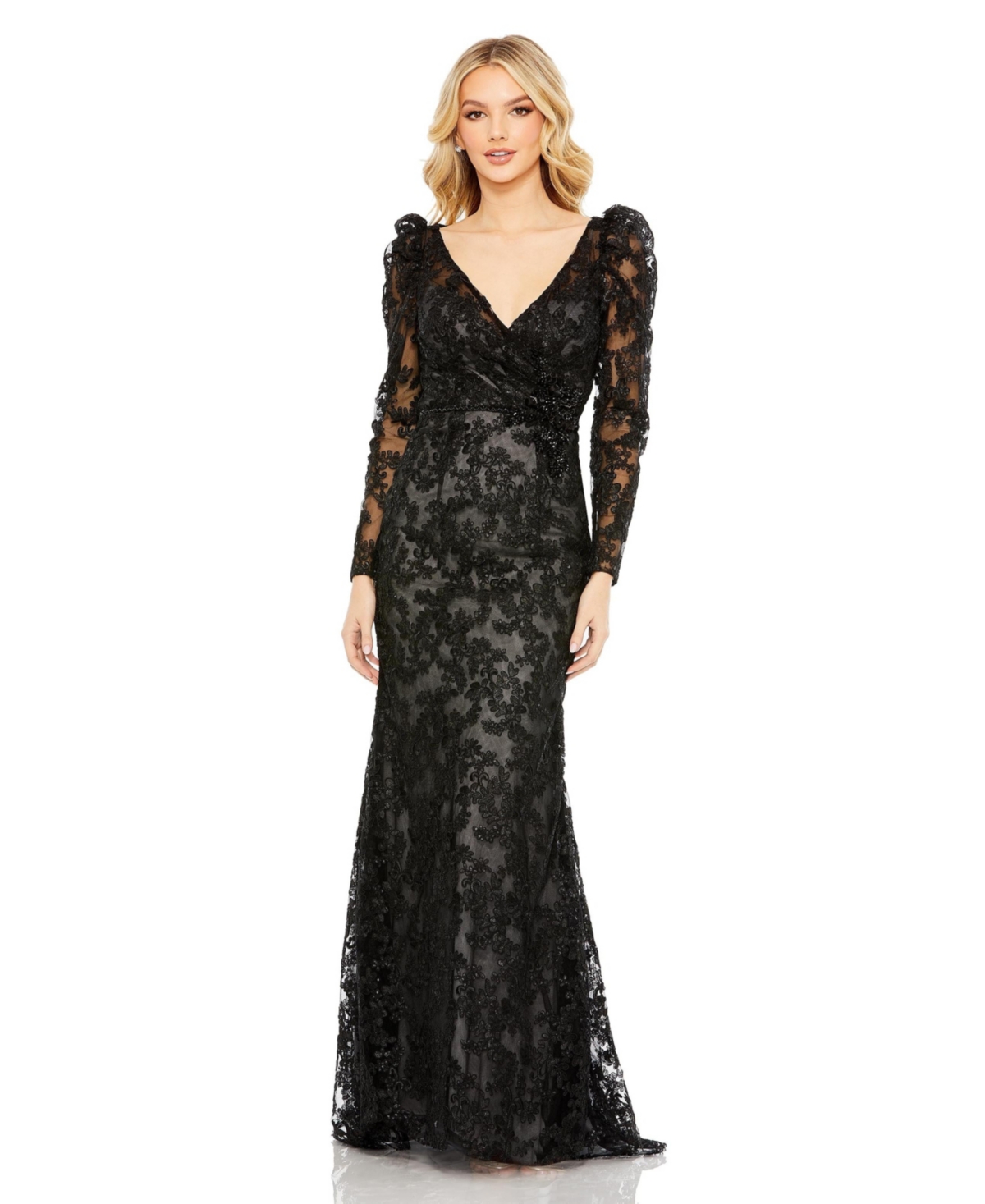 MAC DUGGAL WOMEN'S EMBROIDERED LACE PUFF SLEEVE WRAP OVER GOWN