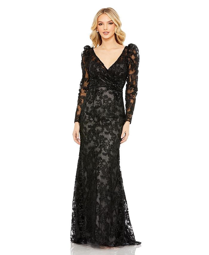 Mac Duggal Women's Embroidered Lace Puff Sleeve Wrap Over Gown - Macy's