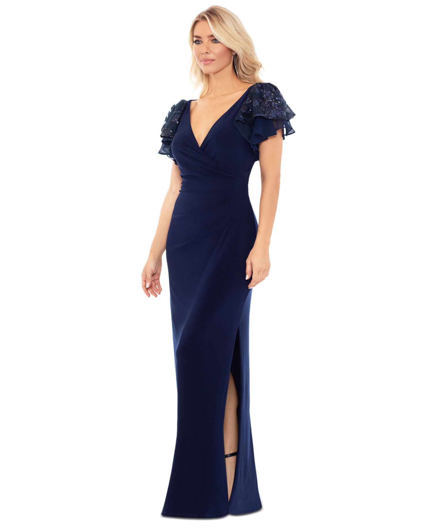 Petite Sequin-Sleeve Surplice-Neck Gown