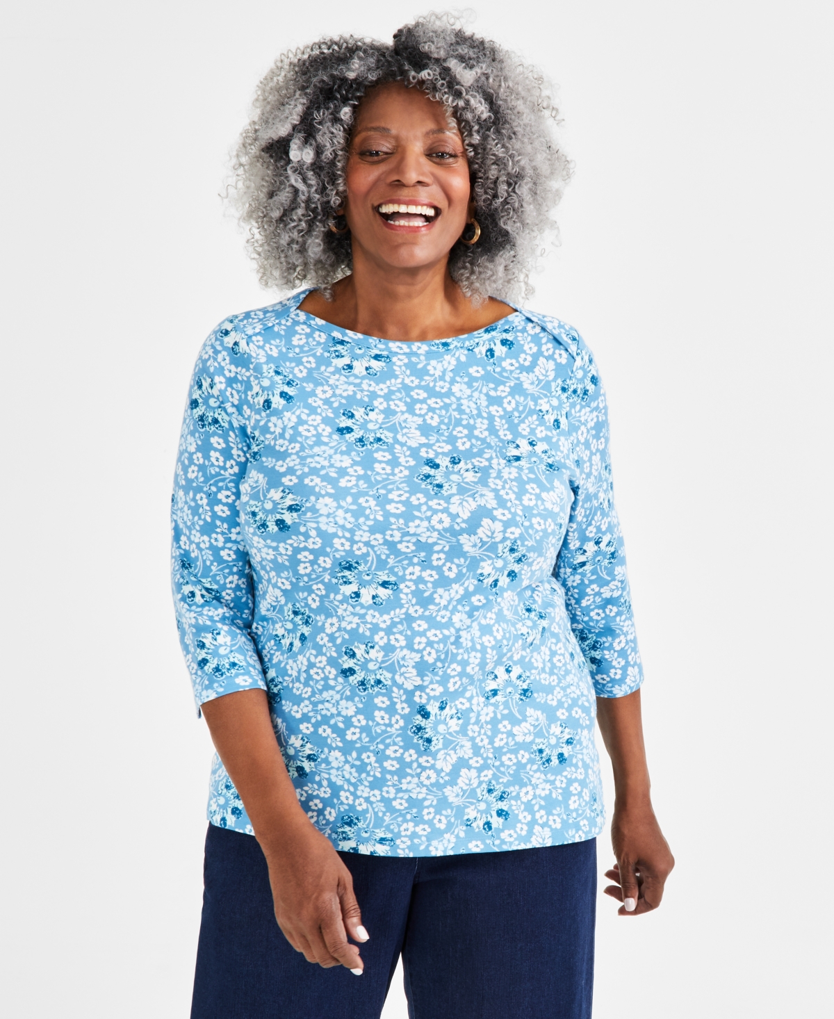 Shop Style & Co Plus Size Printed Pima Cotton 3/4-sleeve Top, Created For Macy's In Pottery Flower