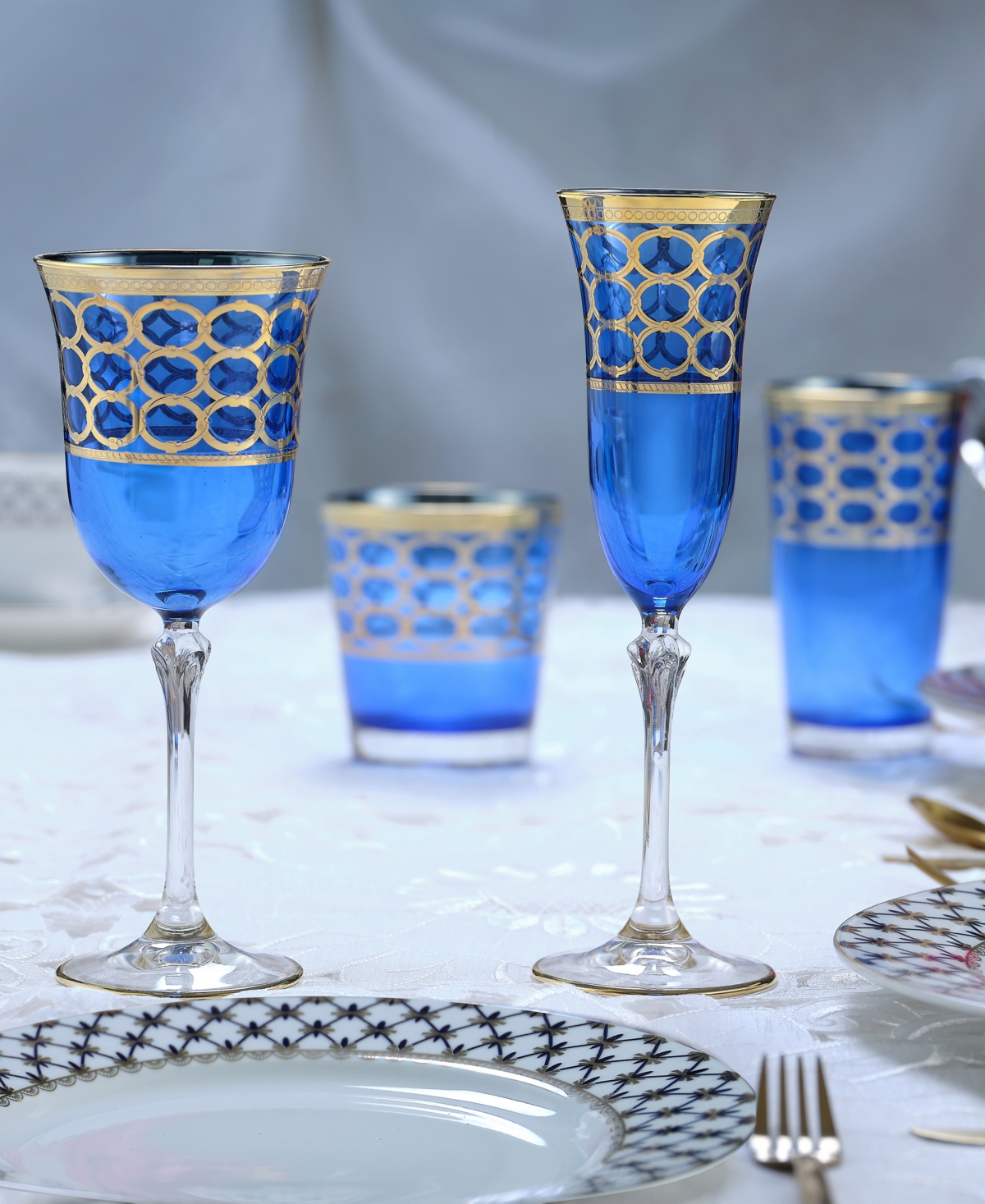 Lorren Home Trends CobaltWhite Wine Goblet with Gold-Tone Rings, Set of 4 - Blue