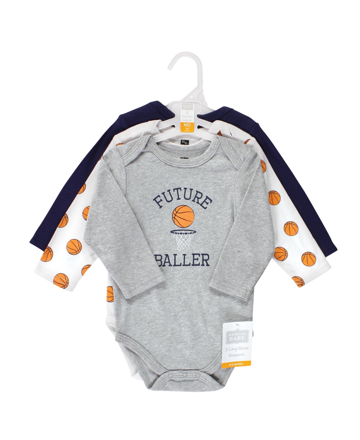 Hudson Baby Baby Boys Cotton Long-Sleeve Bodysuits, 3-Pack - Basketball