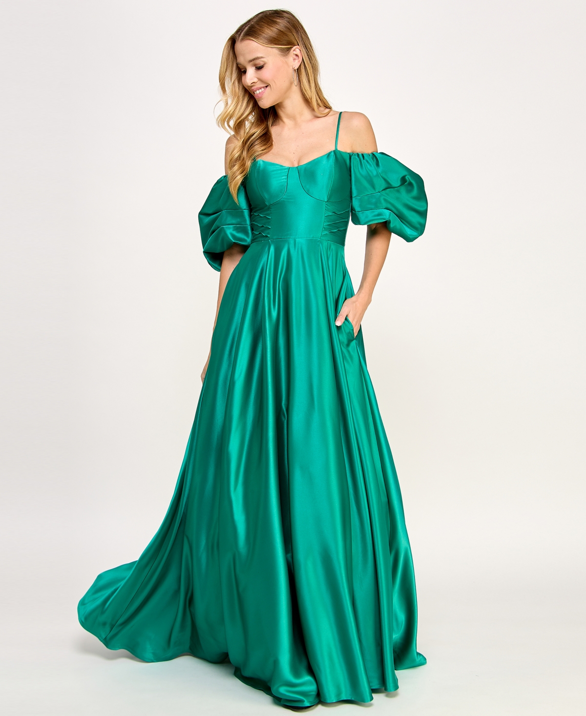 City Studios Juniors' Off The Shoulder Satin Puff-sleeve Sweetheart Gown In Green