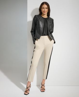 Dkny Womens Collarless Faux Leather Open Front Jacket Essex Tuxedo Stripe Ankle Pants In Pebble,black