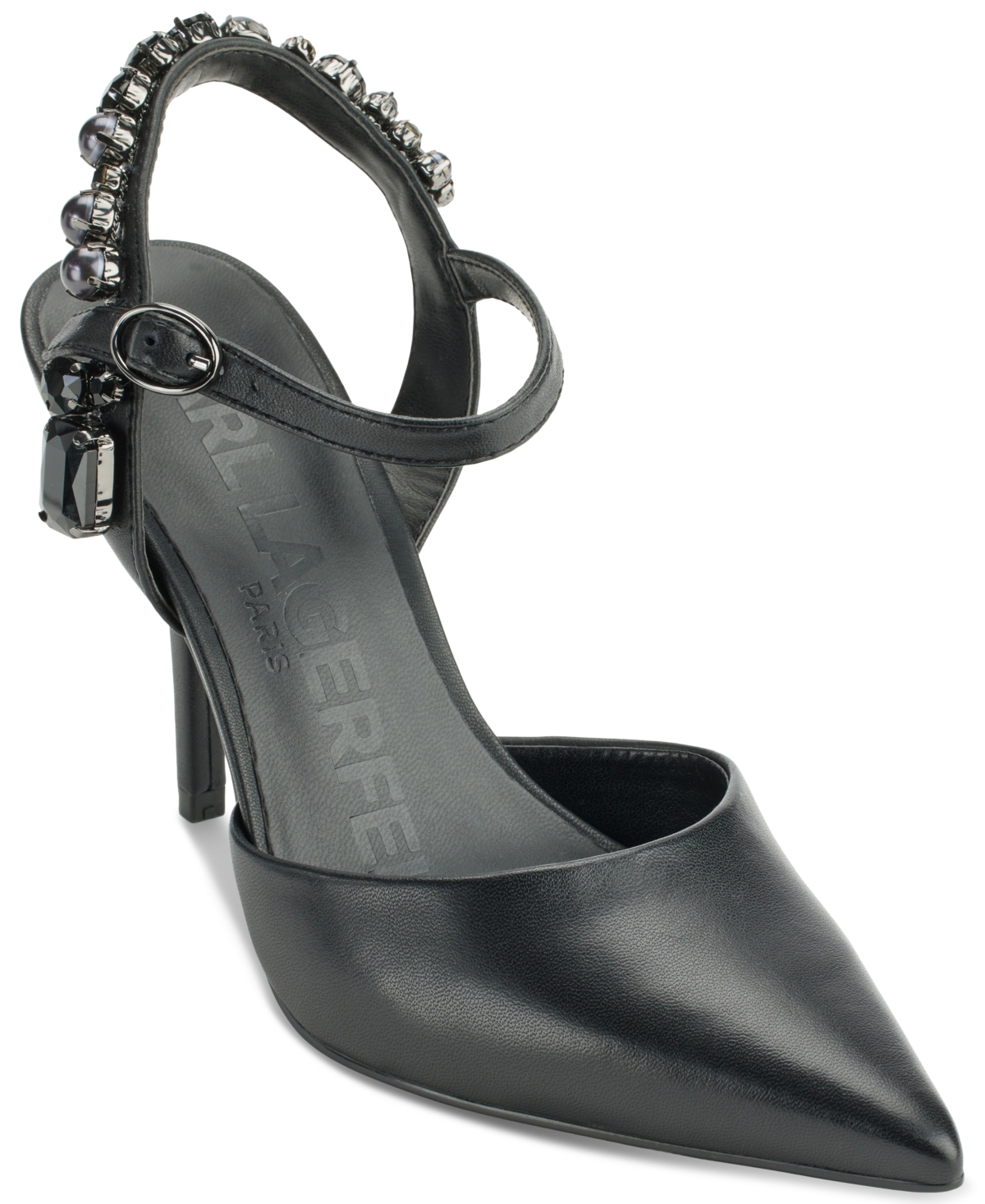 Karl Lagerfeld Shelli Embellished Ankle-strap Pointed-toe Pumps In Black