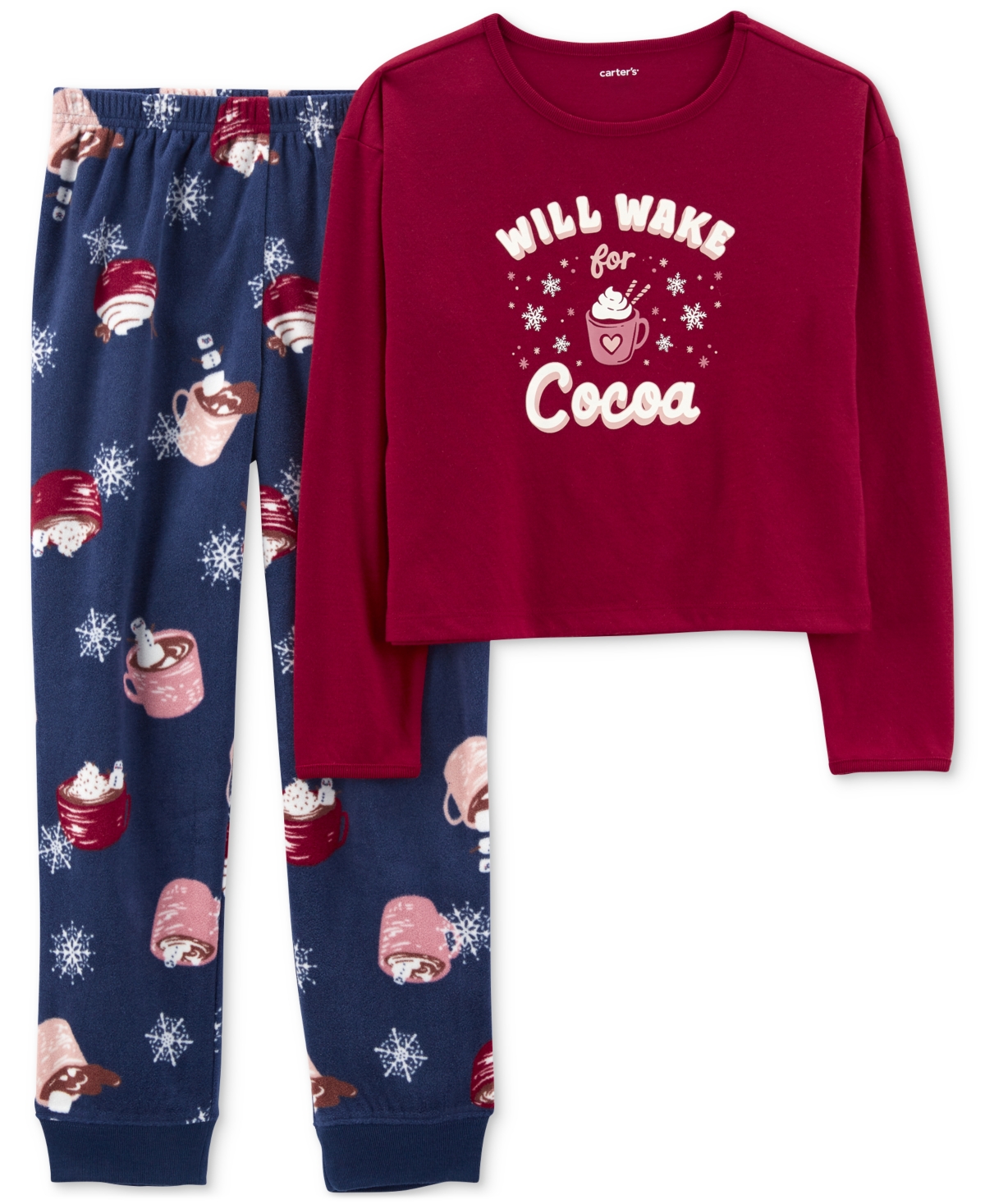 Carter's Kids' Big Girls Will Wake For Cocoa Pajamas, 2 Piece Set In Burgendy,navy
