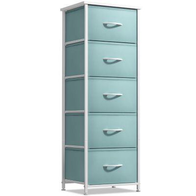 5-Pc Steel Frame Dresser with Wood Top & Fabric Bins - Narrow Storage Nightstand for Home & Office