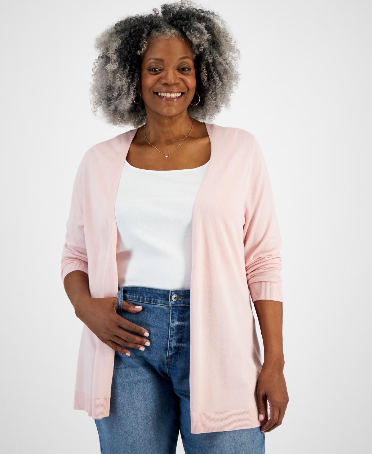 Style & Co Plus Size Open-front Long-sleeve Cardigan, Created For Macy's In Lotus Pink